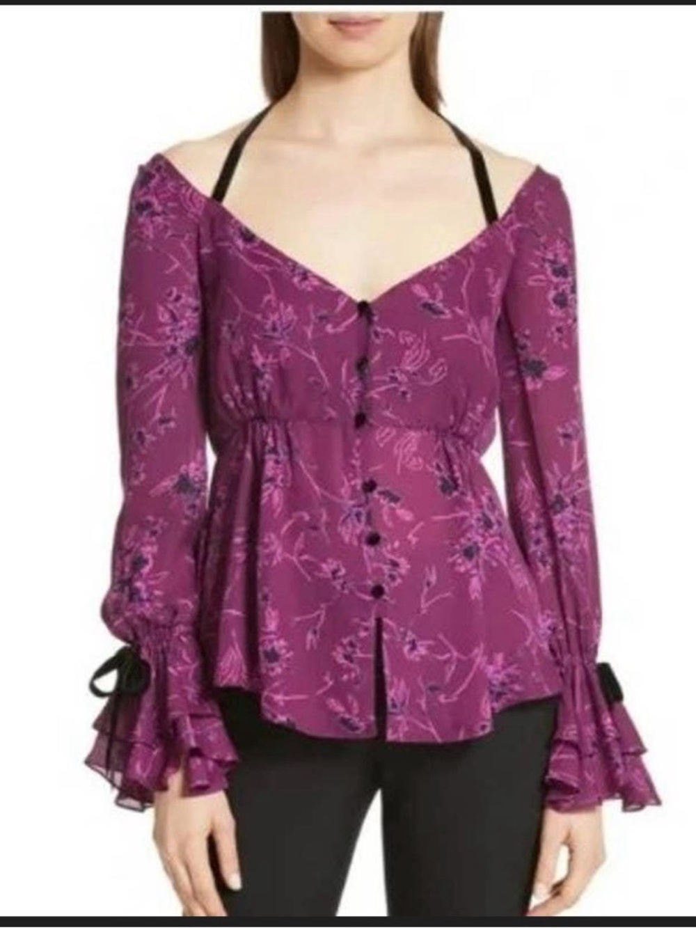 NWOT Cinq A Sept Mabel Purple Floral Silk Blouse with Velvet Ties